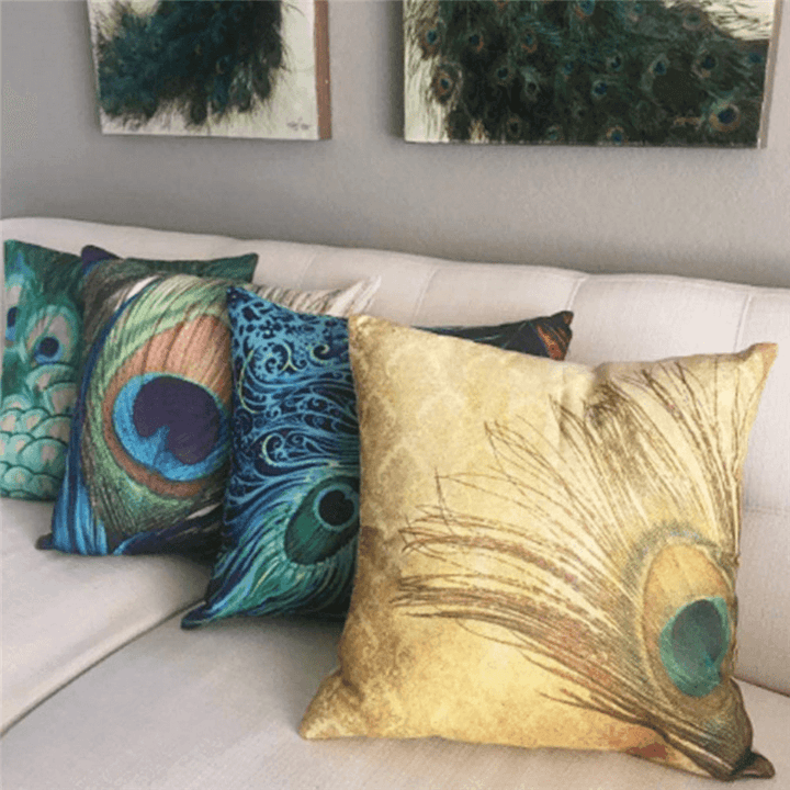 Linen Cushion Cover Peacock Feather Throw Pillow Case Home Sofa Cover - MRSLM