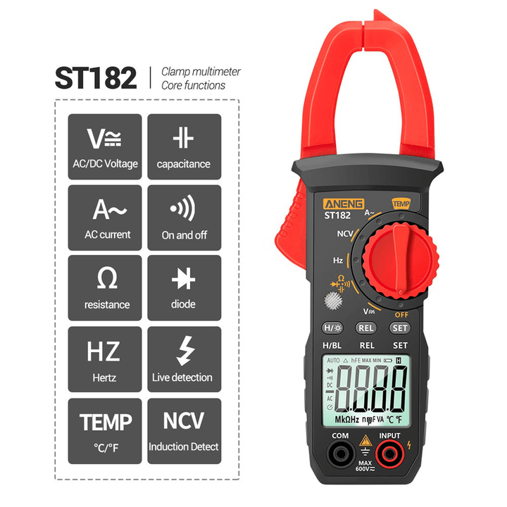 ANENG ST182 Digital Clamp Meter DC/AC Voltage Tester Clamp Multimeter Hz Capacitance NCV Ohm Test - MRSLM