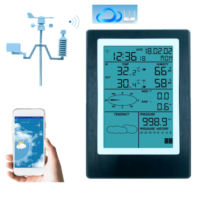 Wifi Weather Station LCD Thermometer Hygrometer Rainfall Pressure Wind Speed Direction Wireless APP Weather Forecast Data Alarm - MRSLM