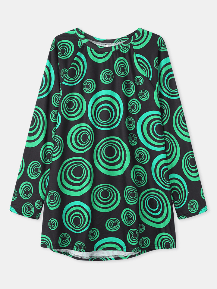 Women Circle Print round Neck Drop Shoulder Long Sleeve Loose T-Shirt - MRSLM