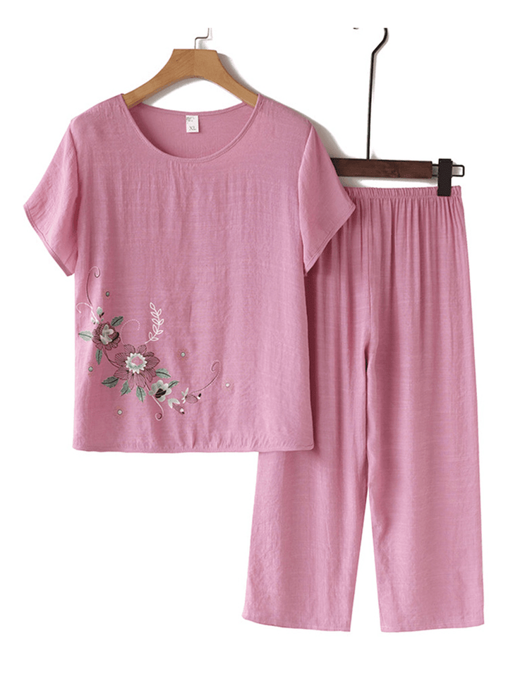 Women Vintage Flower Print Loungewear Short Sleeve Breathable Pajamas - MRSLM