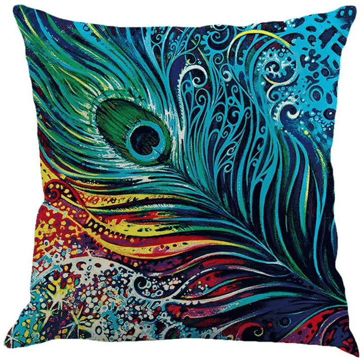 Linen Cushion Cover Peacock Feather Throw Pillow Case Home Sofa Cover - MRSLM