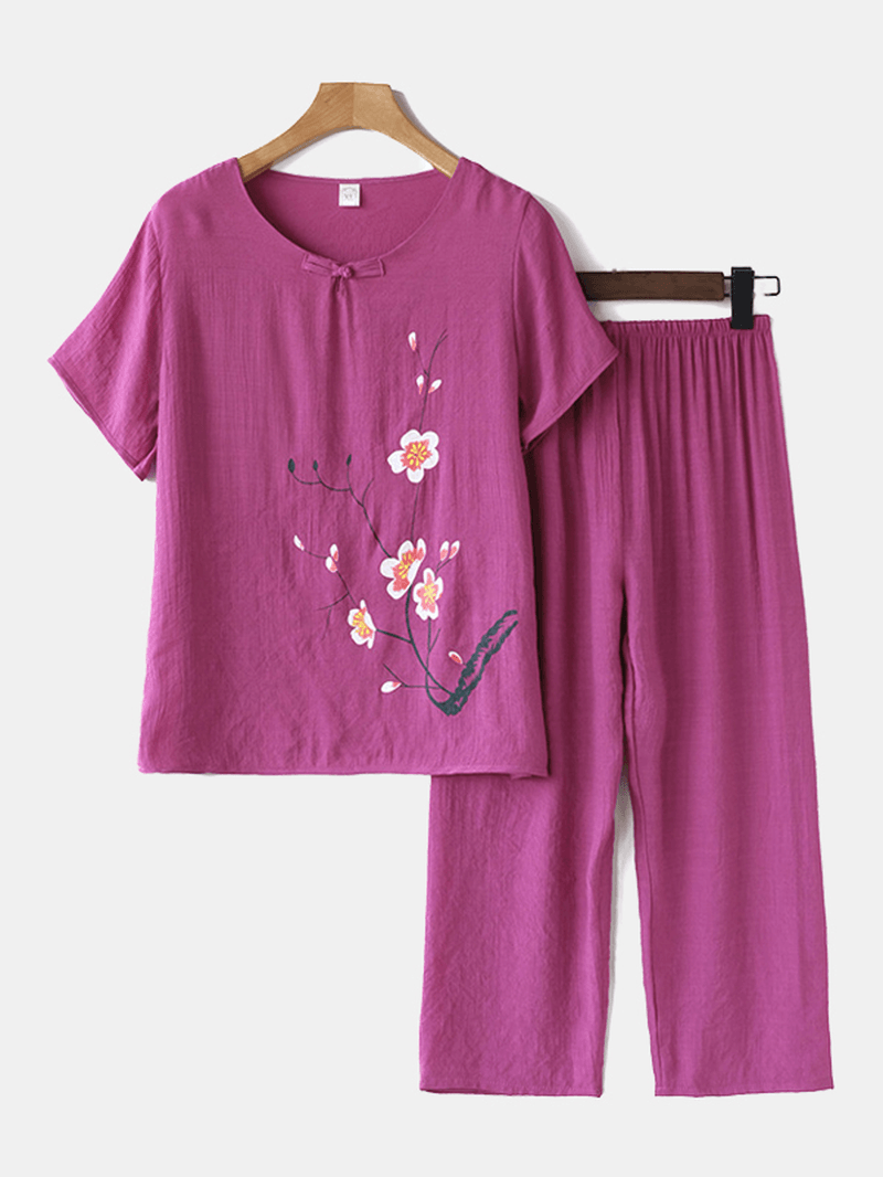 Women plus Size Flowers Print Loungewear Set Breathable Mandarin Button Loose Pajamas - MRSLM