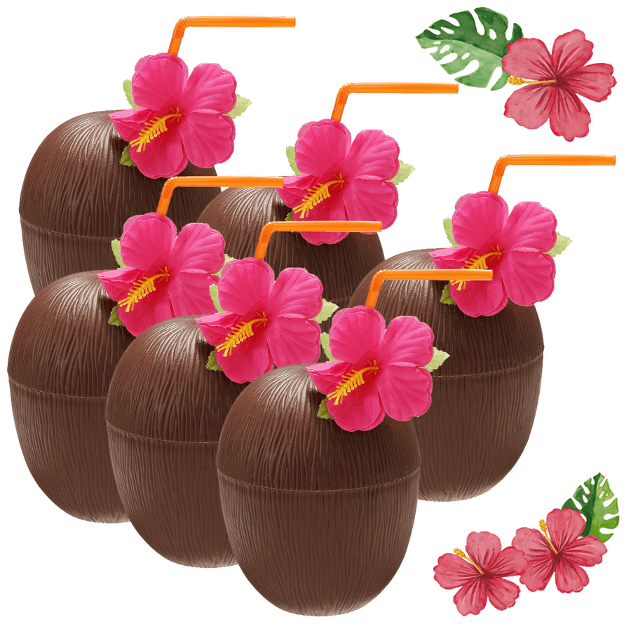 6Pcs Hawaiian Luau Hula Tropical Plastic Party Coconut Cup Drink & Straw Decoration Drinking Straw - MRSLM