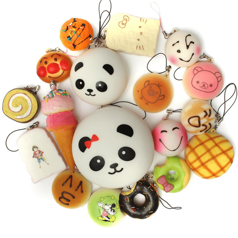 18PCS Squishy Christmas Gift Decor Panda Cup Cake Toasts Buns Donuts Random Soft Cell Phone Straps - MRSLM