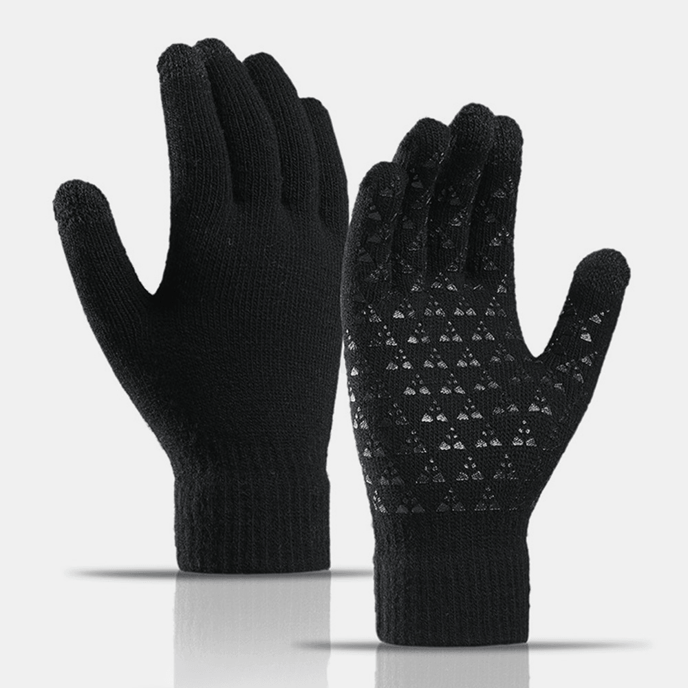 Unisex Three-Finger Touch-Screen Palm Triangle Silicone Non-Slip Pattern Knitted Gloves plus Velvet Thicken Soft Winter Warm Gloves - MRSLM