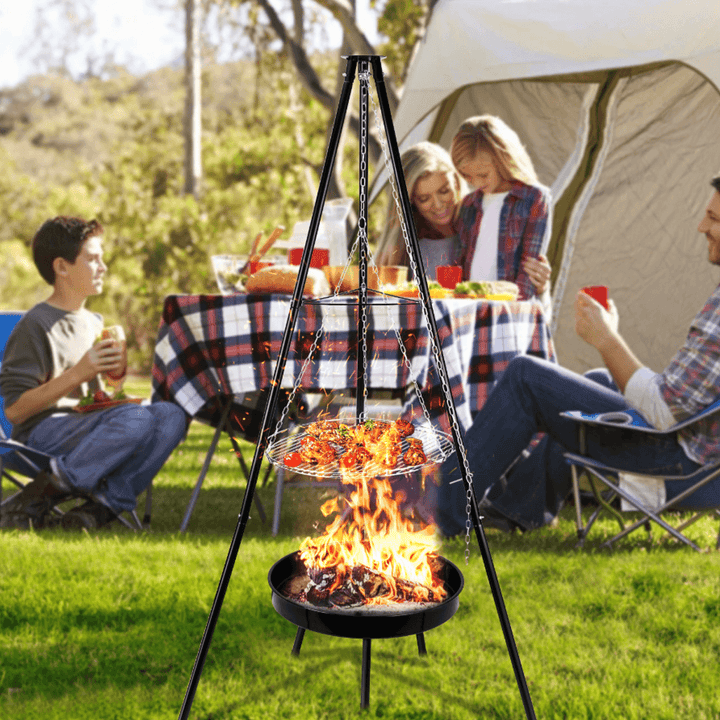 Ipree® 9 Pcs Hanging BBQ Grilling Adjustable Height Tripod Cookware Camping Family Picnic - MRSLM