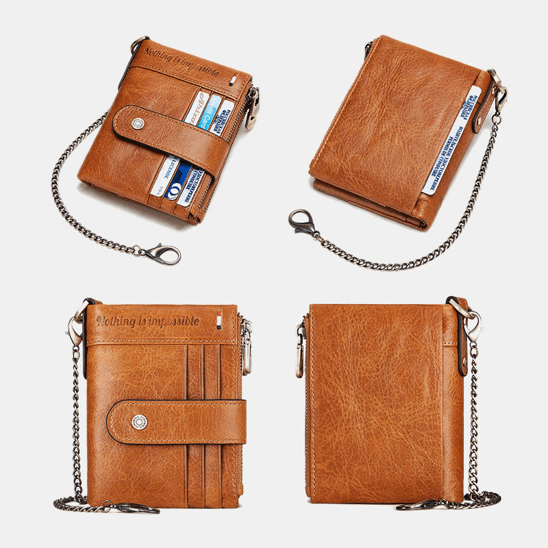 Men Genuine Leather Chain Wallet RFID Double Zipper Anti-Theft Multi-Card Slot Card Holder Wallet - MRSLM