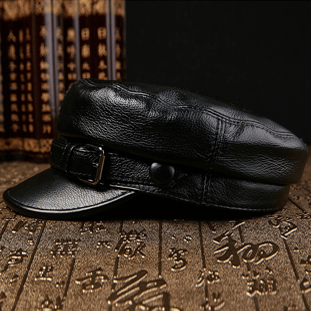 Men Genuine Leather Cowhide Retro Classical Color Military Hat Flat Hat Peaked Cap - MRSLM