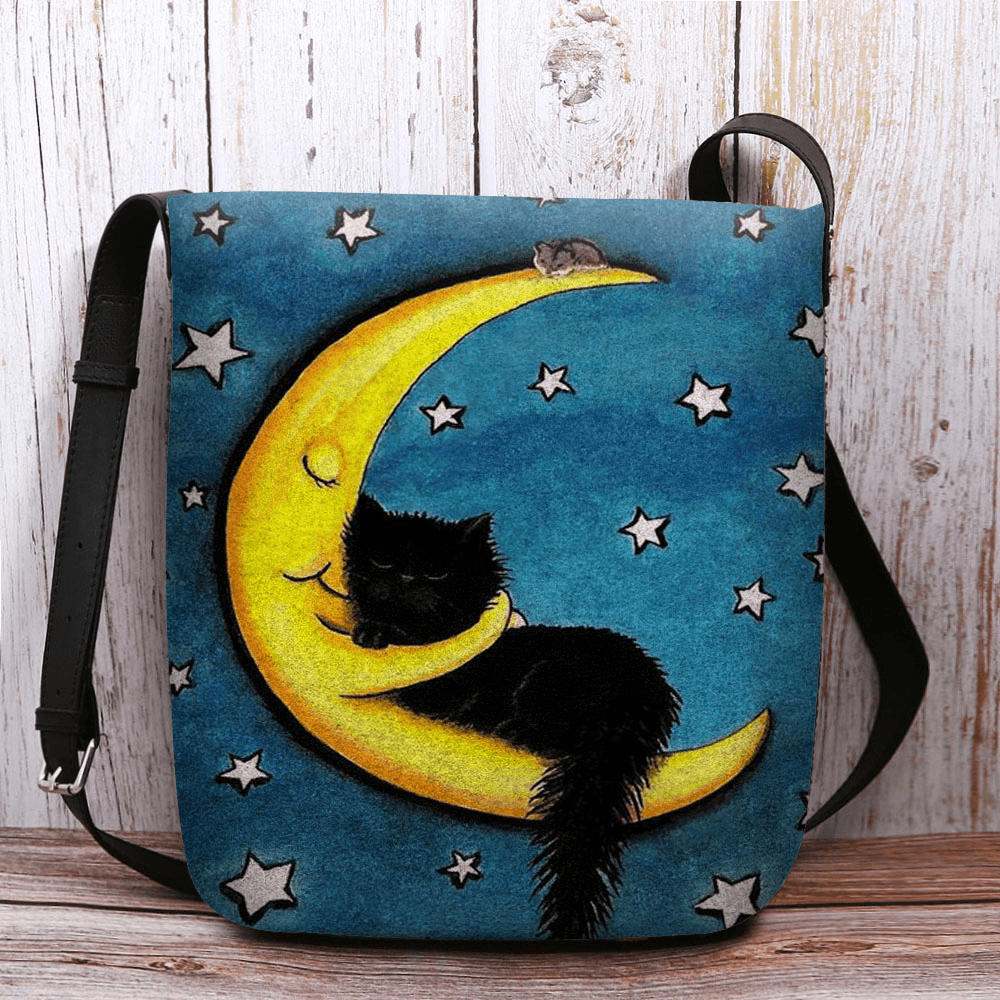 Women Felt Cat Moon Starry Sky Pattern Printing Crossbody Bag Shoulder Bag - MRSLM