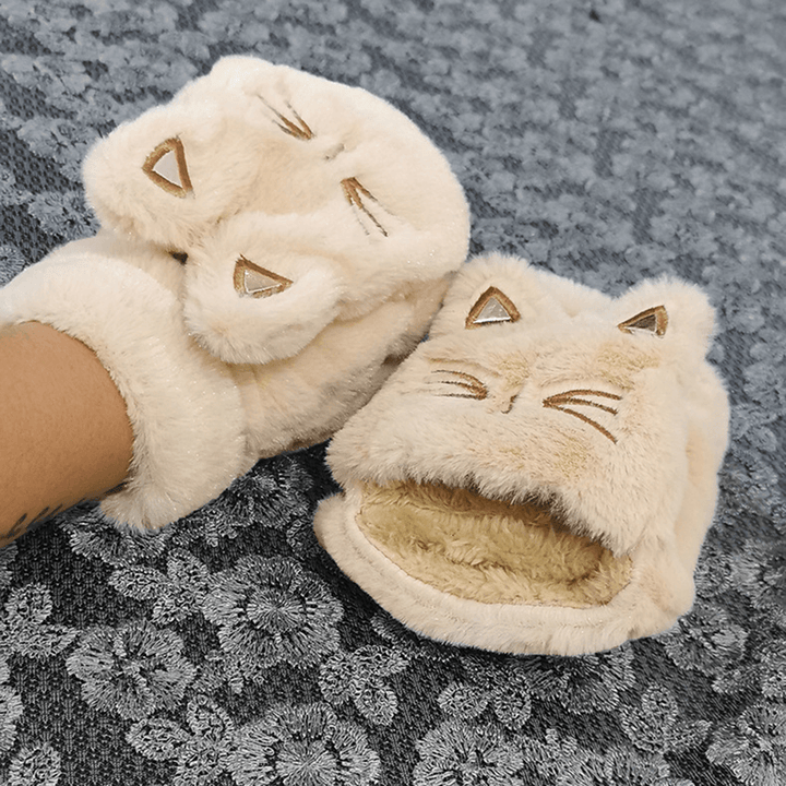 Women Plush plus Thicken Cute Cartoon Cat Pattern Keep Warm Half-Finger Gloves - MRSLM