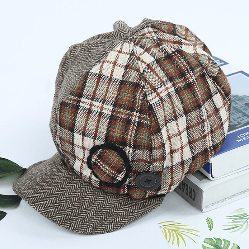 Women Retro Patchwork Stripe Plaid Beret Caps Winter Vintage Cotton Painter Newsboy Hat - MRSLM