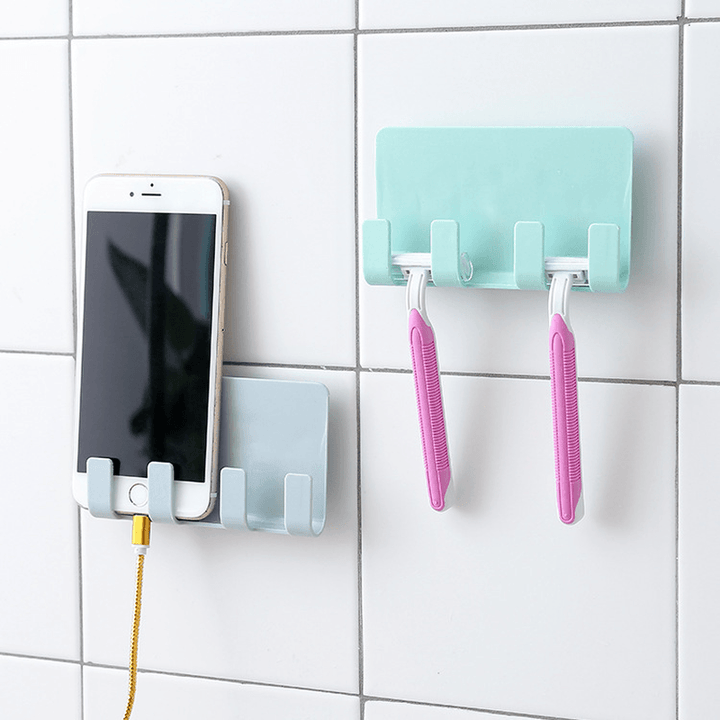 Bathroom Storage Rack Wall Mounted Shaver Holder Organizer 4 Hanger Hooks Towel Shelf Key Peg Strong Suction Phone Charging Racks - MRSLM