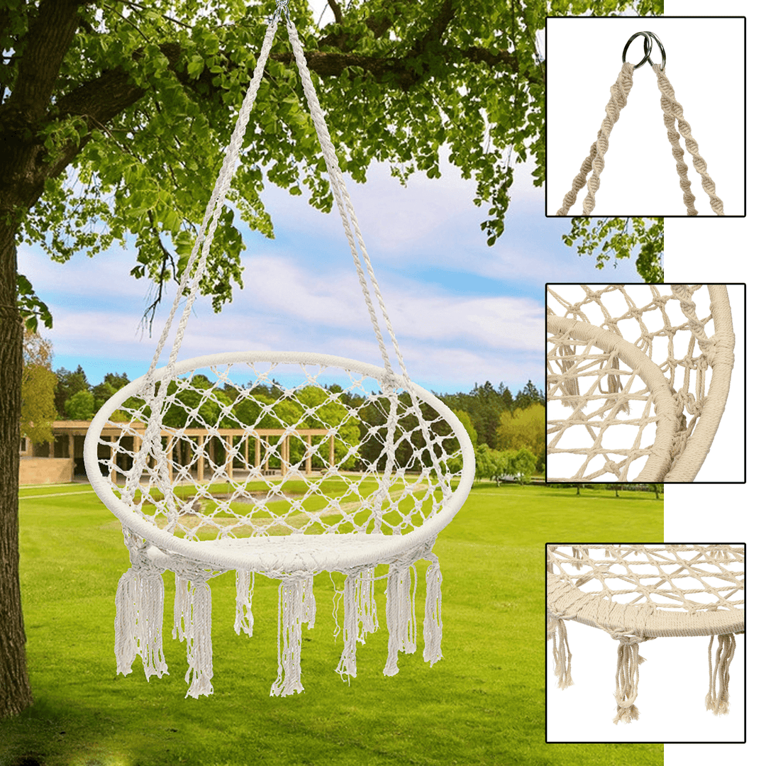 Mesh Hanging Hammock Woven Rope Wooden Bar White Swing Patio Chair Seat Iron Ring+Cotton Rope Mesh Hanging Basket - MRSLM