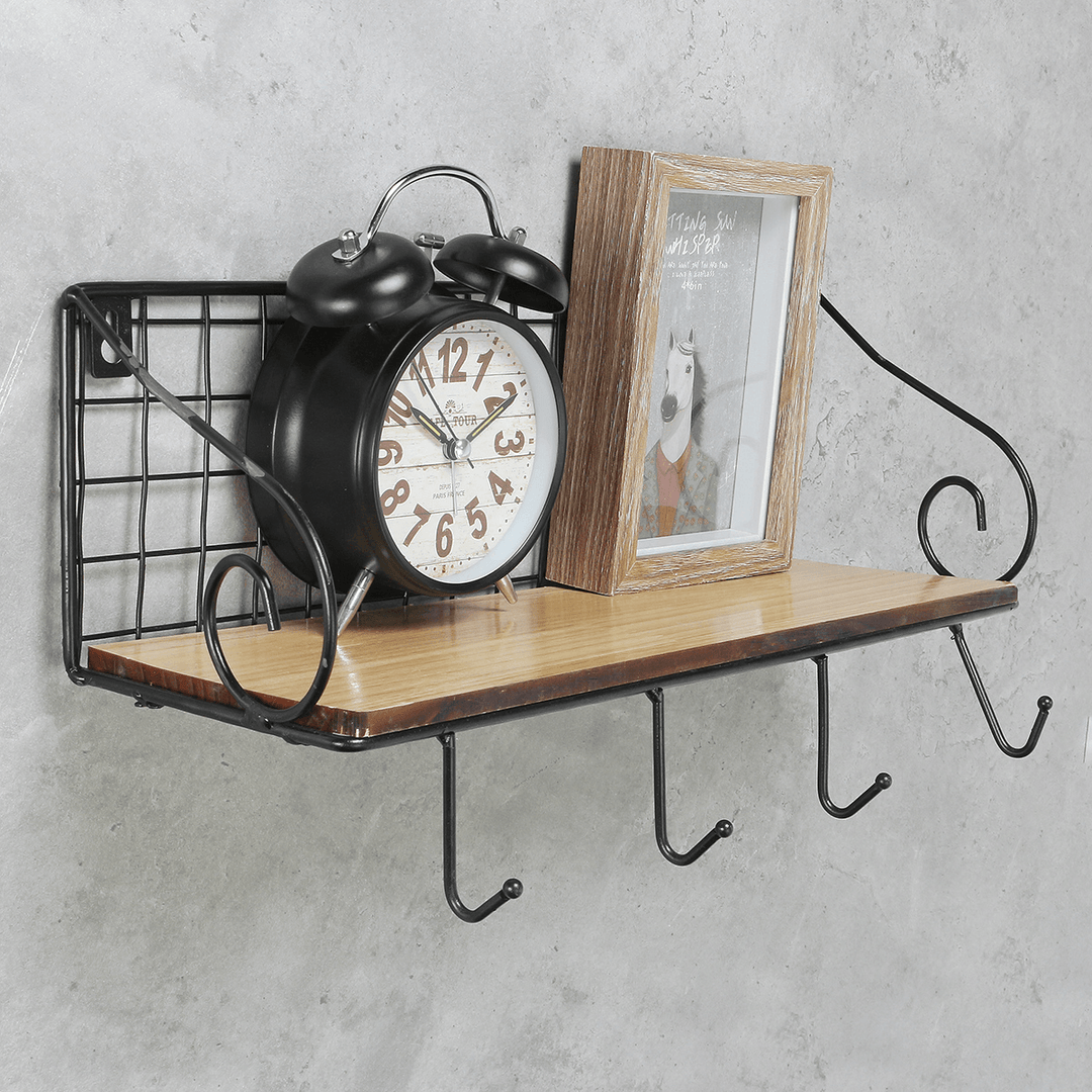 Hanging Wall Mounted Rack Storage Organizer Wood Home Display Storage Baskets W/ Iron Hook - MRSLM