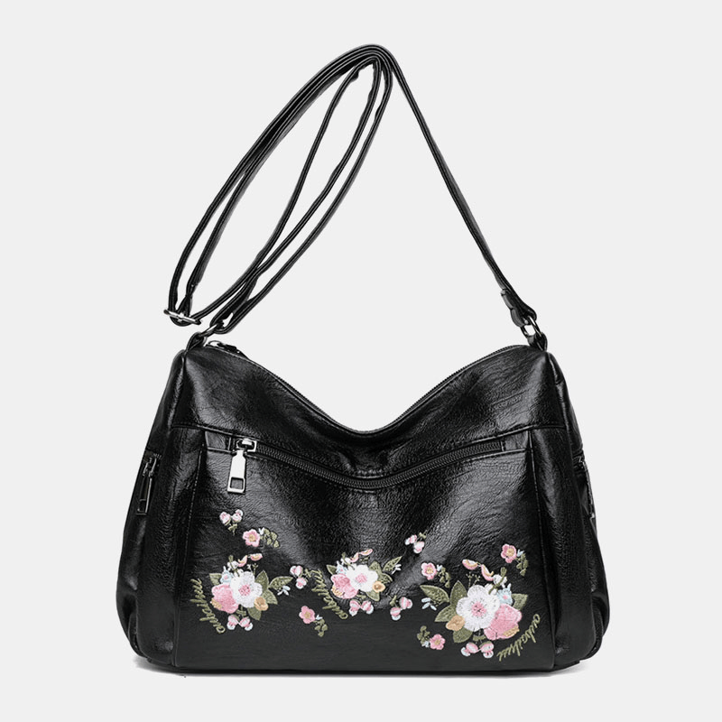 Women Ethnic Flower Embroidered Large Capacoty Crossbody Bag Vintage Texture Hardware Waterproof Breathable Soft Leather Shoulder Bag - MRSLM