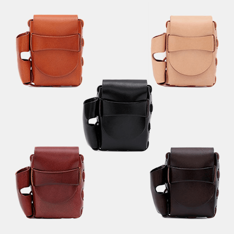 Men Genuine Leather Cigaret Case Storage Bag Retro Waterproof Waist Bag Belt Bag - MRSLM