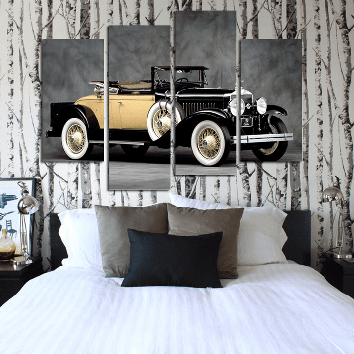 Miico Hand Painted Four Combination Decorative Paintings Retro Yellow Car Wall Art for Home Decoration - MRSLM