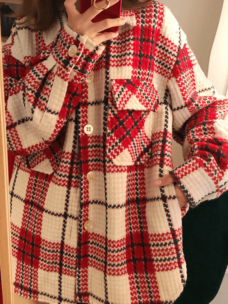 Women Plaid Warm Chest Double Pocket Long Sleeve Single-Breasted Coats - MRSLM