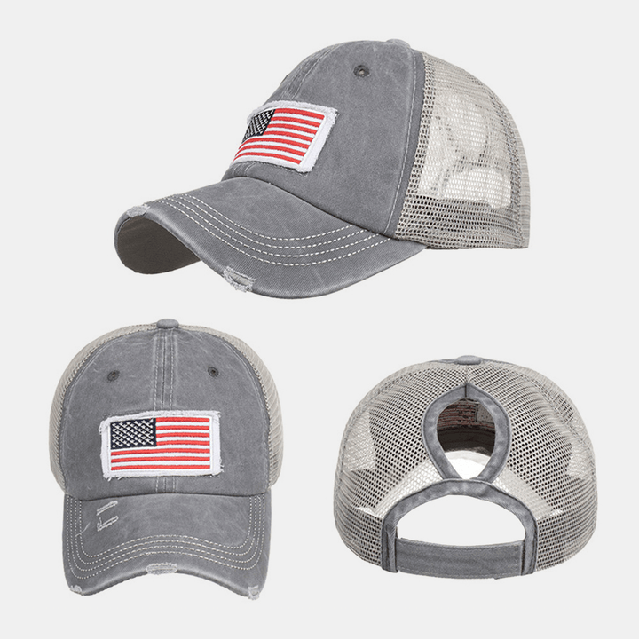 Unisex Washed American Flag Patch Ponytail Baseball Cap Mesh Breathable Casquette Summer Snapback Hat - MRSLM