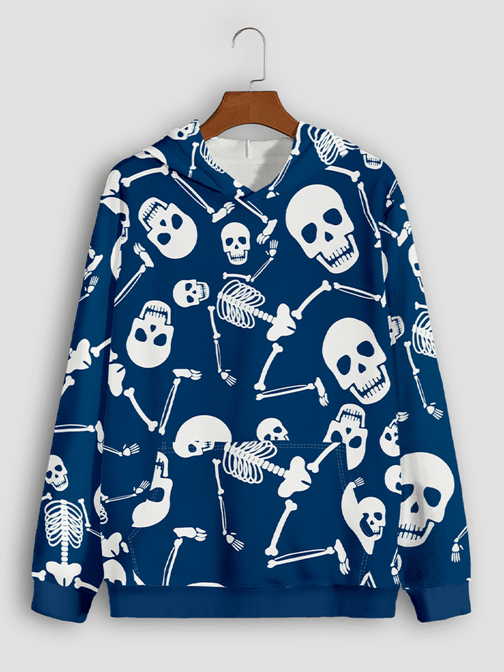 Mens Halloween Skull Head Kangaroo Pocket Blue Hoodies - MRSLM