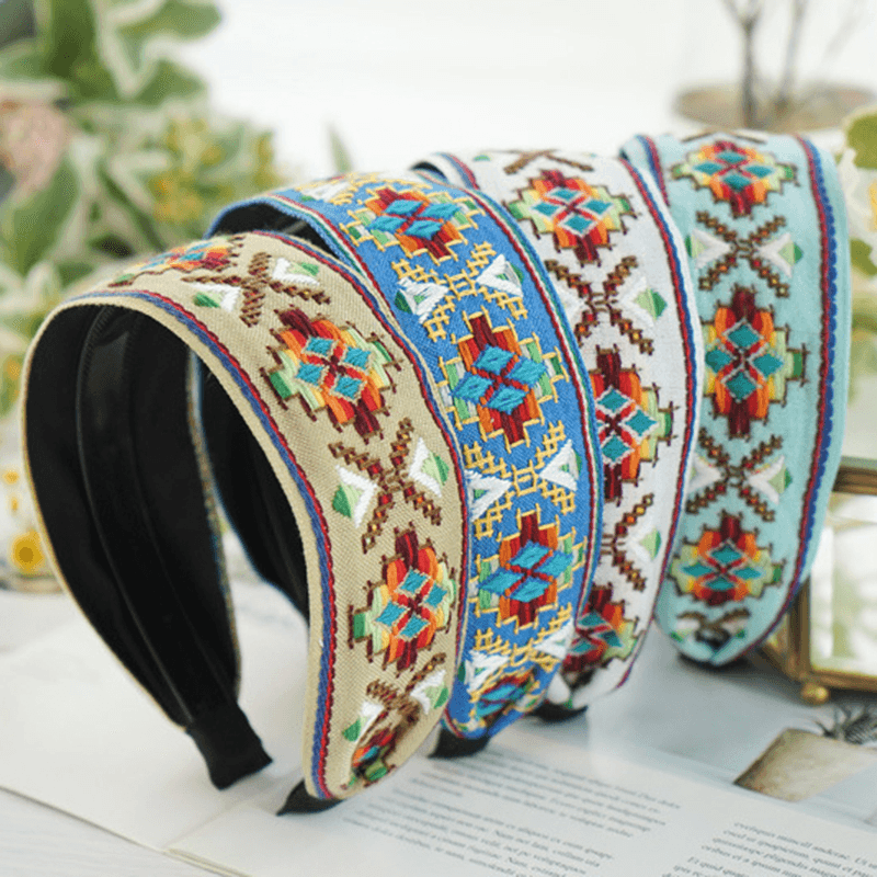 Fresh Bohemian Ethnic Style Hair Band Embroidered Cotton Wide Brimmed Hair Band Travel Home Leisure Hair Band - MRSLM