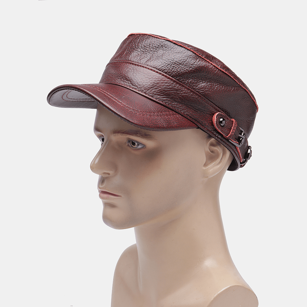 Men Genuine Leather Retro Classical Solid Color Flat Hat Baseball Hat - MRSLM