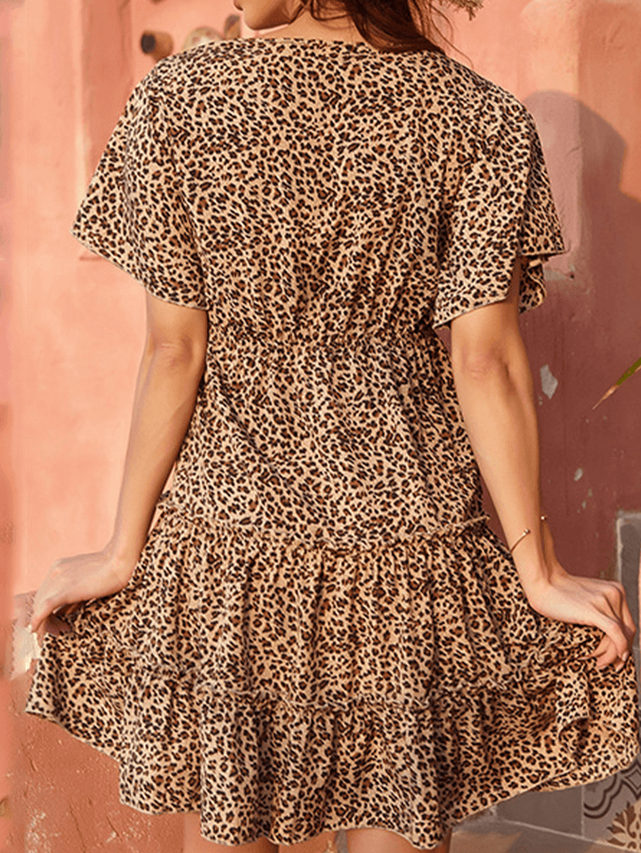 Casual Leopard Print V-Neck Short Sleeve Mini Dress - MRSLM