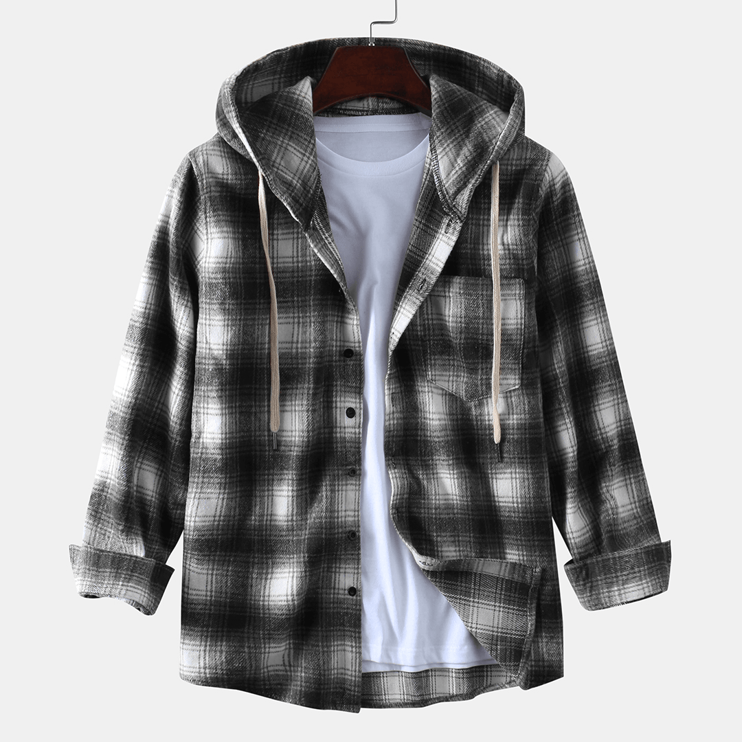 Men'S New Fashion Plaid Printing Loose Sanding Hooded Long-Sleeved Shirts Coats - MRSLM