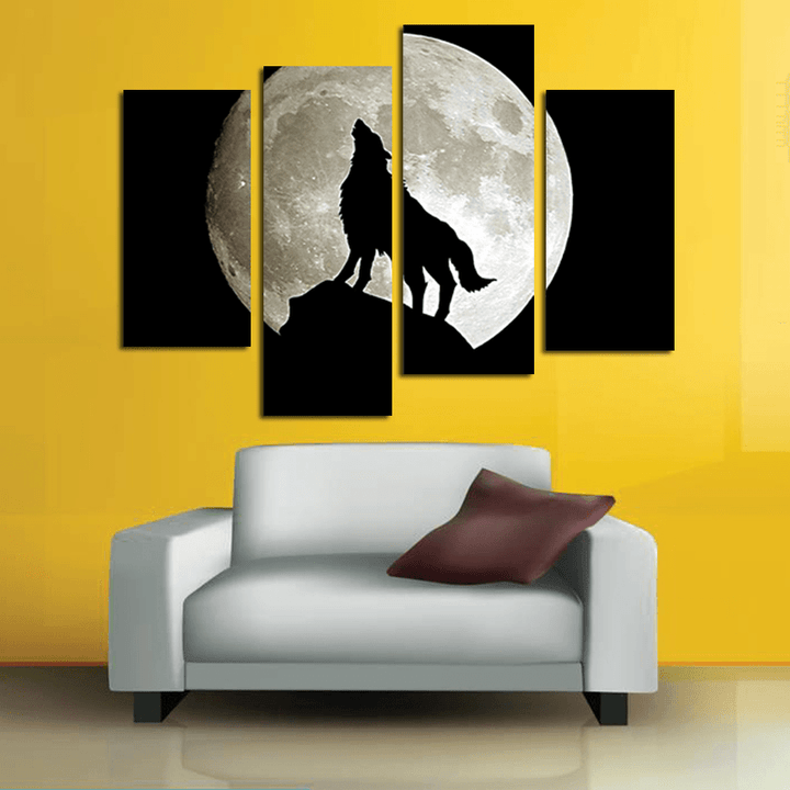 Miico Hand Painted Four Combination Decorative Paintings Full Moon Black Wolf Wall Art for Home Decoration - MRSLM