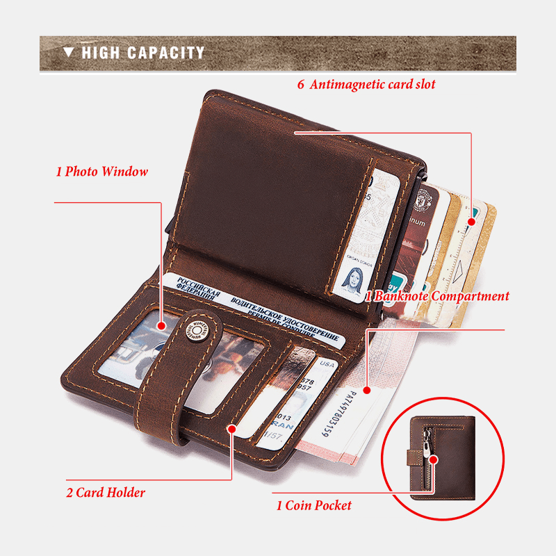 Men Genuine Leather Retro RFID Antimagnetic Multifunction Money Clips Short Wallet Purse - MRSLM