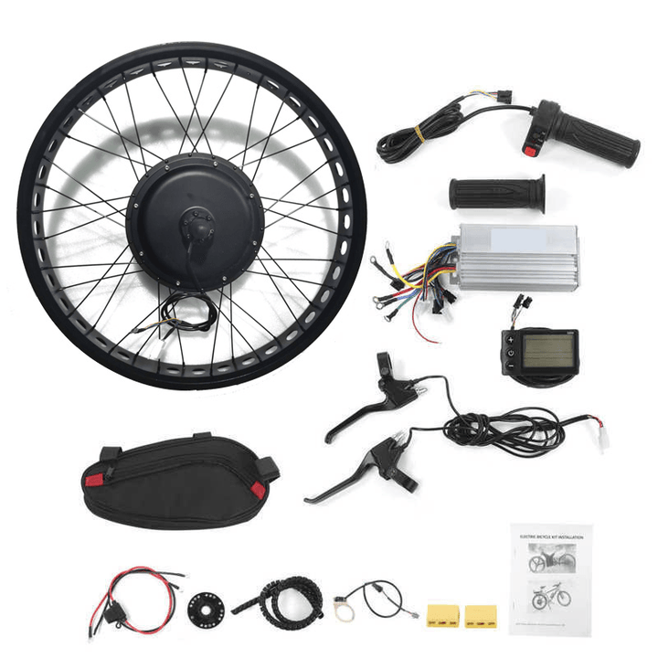 1000W 48V 26" Fat Snow Electric Bike Conversion Kit Front/Rear Wheel Hub Kit with Controller E-Brake Levers Twist Throttle Grips LCD Display - MRSLM