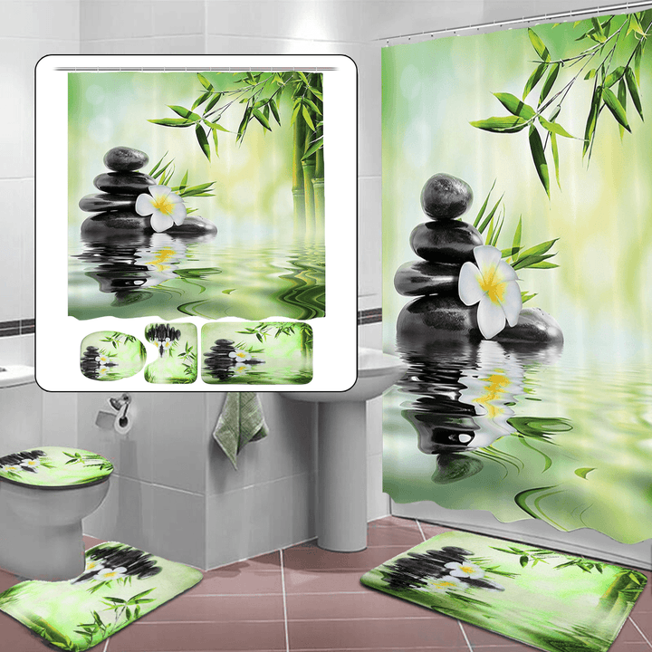 Bamboo Printing Waterproof Bathroom Shower Curtain Toilet Cover Mat Non-Slip Carpet - MRSLM