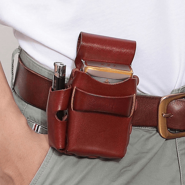 Men Genuine Leather Cigaret Case Storage Bag Retro Waterproof Waist Bag Belt Bag - MRSLM