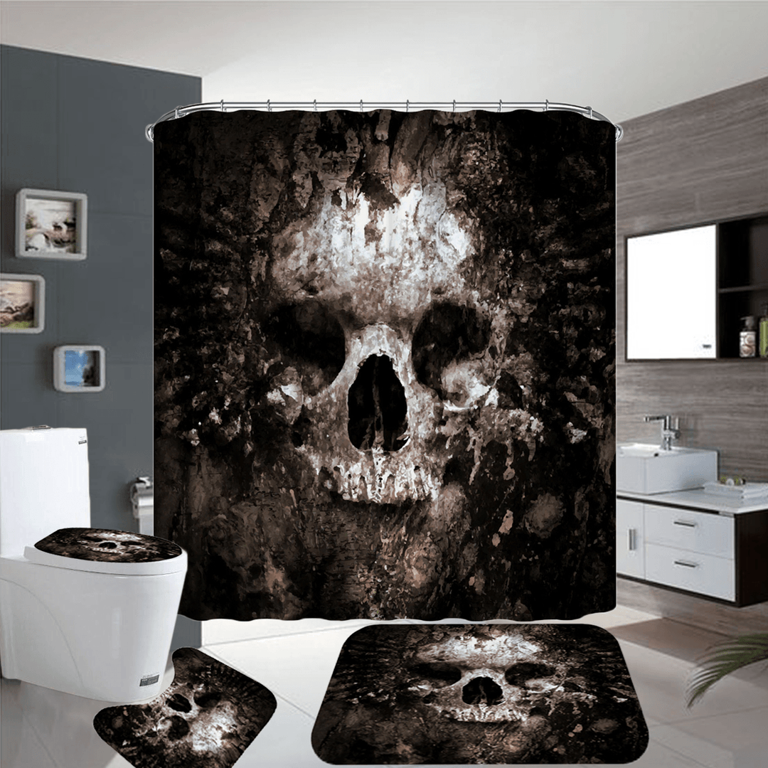 Skull Pattern Polyester Bathroom Shower Curtain Non-Slip Toilet Cover Mat Rug Set - MRSLM