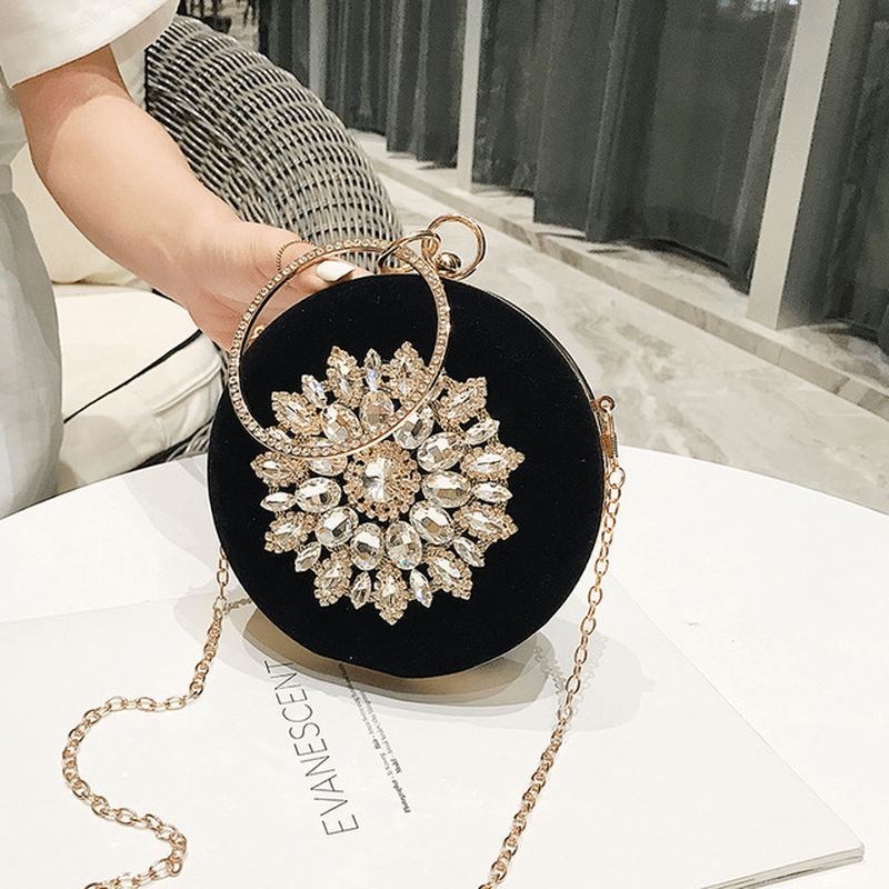 Female Small Bag New Fashion Rhinestones Wild Shoulder Bag Chain Slung Small round Bag Daily Party - MRSLM