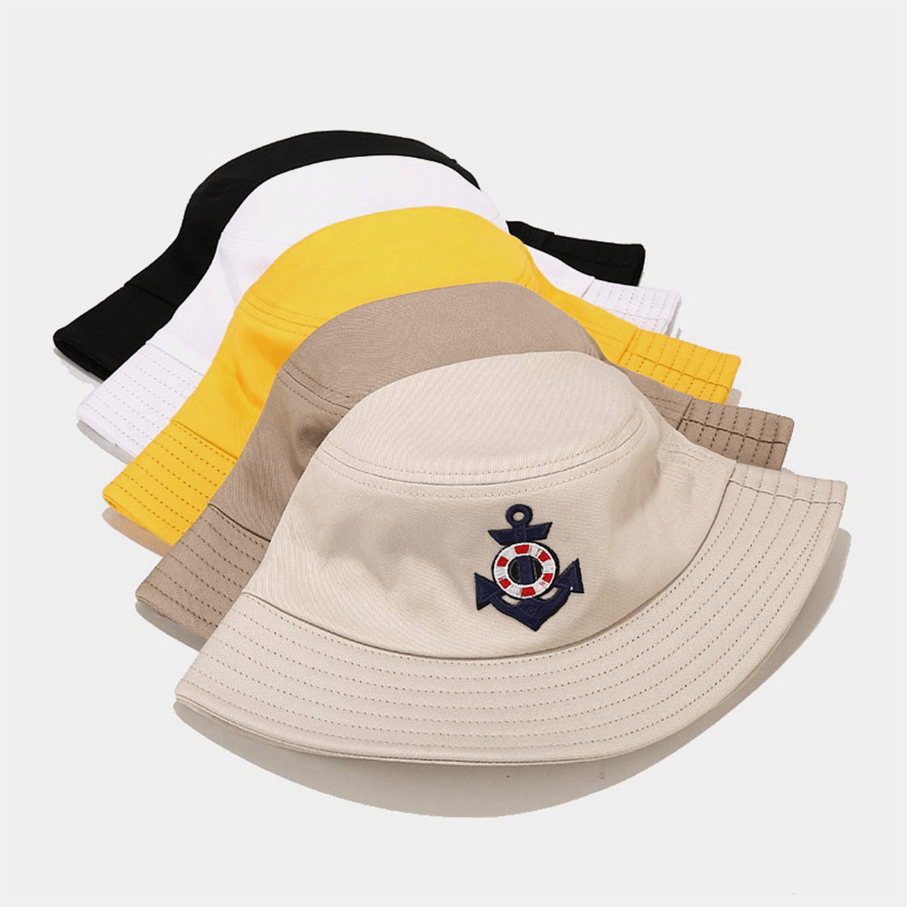 Unisex Cotton Anchor Lifebuoy Pattern Outdoor Wild Sunshade Bucket Hat - MRSLM