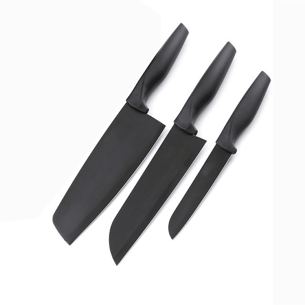 3PCS Black Stainless Steel Kitchen Knife Coating Non-Stick Sharp Blade Chef Knife Set Light Weight Handle Kitchen Knife Gift - MRSLM