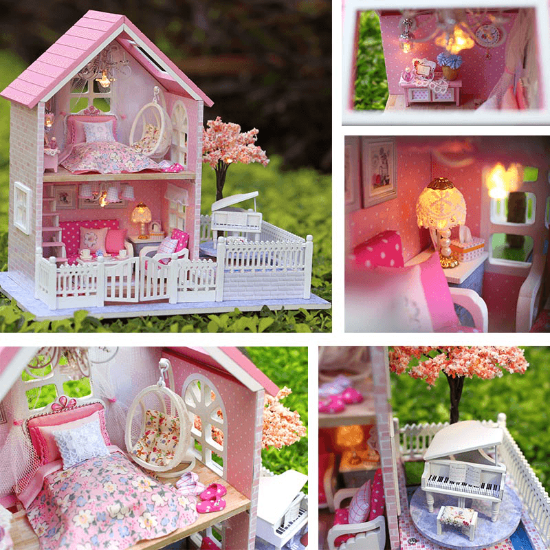 Cuteroom 1/24 DIY Wooden Dollhouse Pink Cherry Handmade Decorations Model with LED Light&Music Birthday - MRSLM