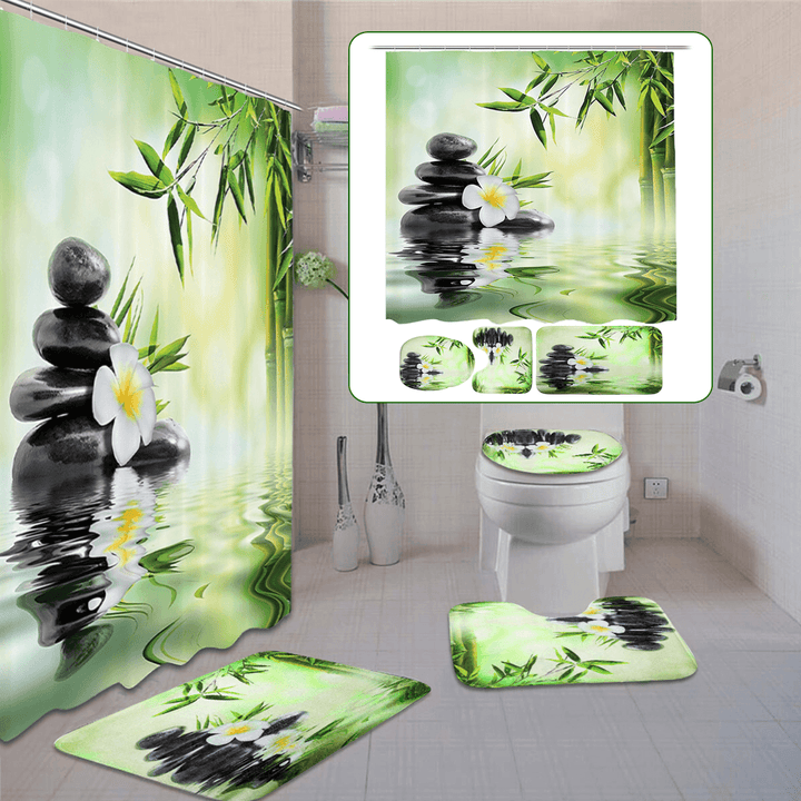 Bamboo Printing Waterproof Bathroom Shower Curtain Toilet Cover Mat Non-Slip Carpet - MRSLM