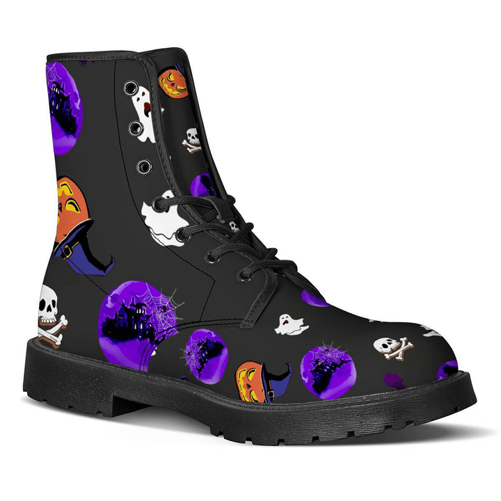 Men Halloween Leather Non Slip Soft Sole round Toe Skull Bat Pattern Casual Martin Boots - MRSLM