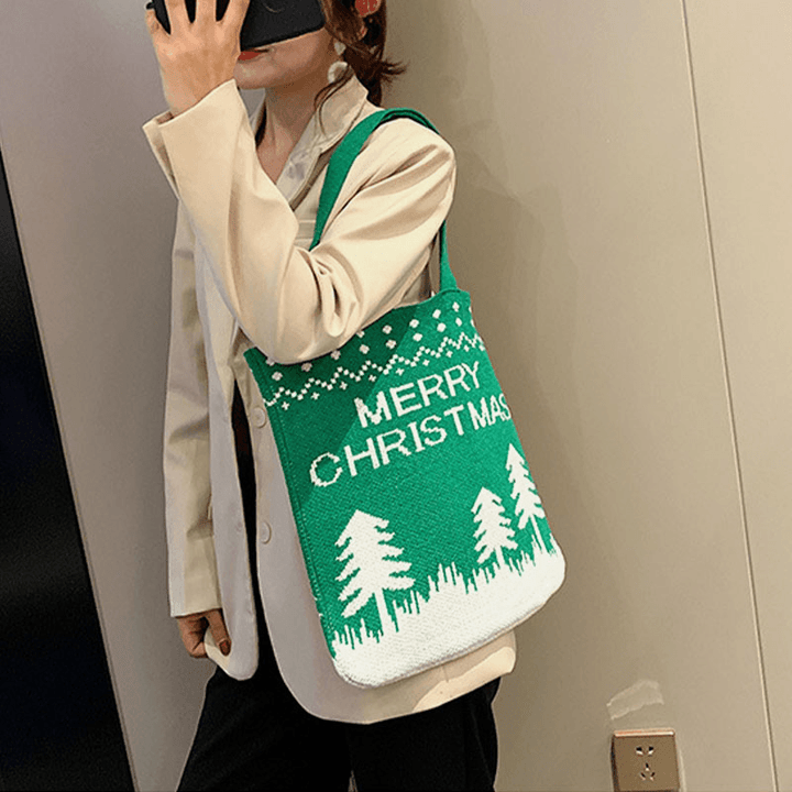 Women Wool Christmas Tree Snowflake Letter Pattern Casual Festive Handbag Tote Shoulder Bag - MRSLM