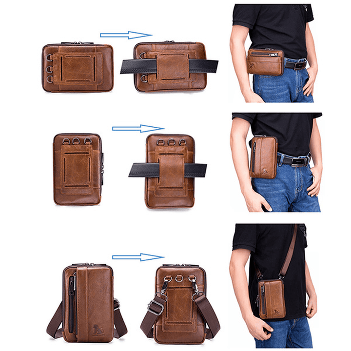 Men Genuine Leather Solid Waist Bag Shoulder Phone Bag Cross - MRSLM