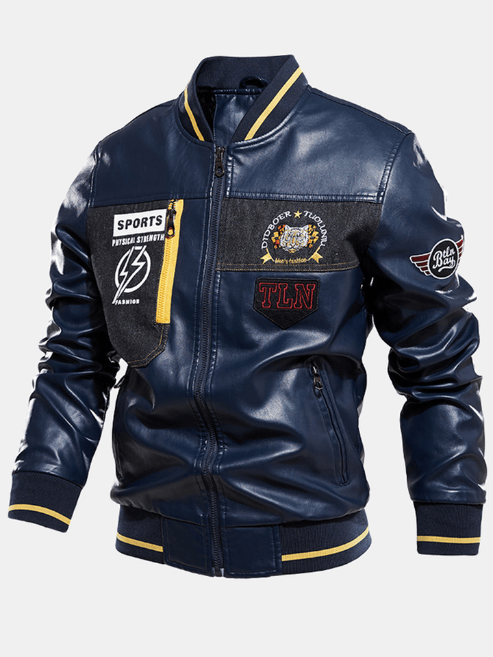 Mens Graphics Embroidery Baseball Collar PU Leather Jacket - MRSLM