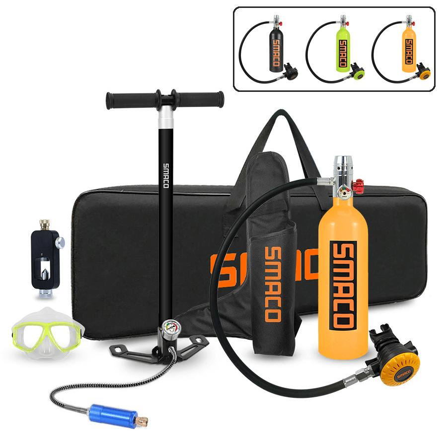 SMACO S400 1L Mini Scuba Diving Oxygen Tank Set Diving Oxygen Tank + Hand Pump + Converter + Cylinder + Snorkelling Glasses - MRSLM