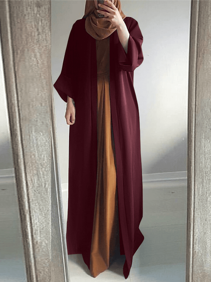 Women Vintage Solid Color Loose Casual Cardigan Abaya Kaftan Long Sleeve Robe - MRSLM