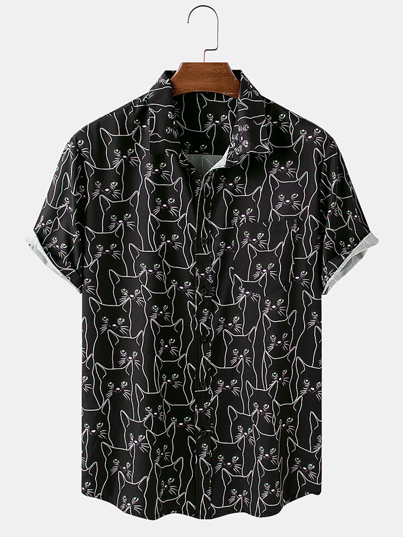 Mens Cartoon Black Cat Print Light Casual Short Sleeve Shirts - MRSLM