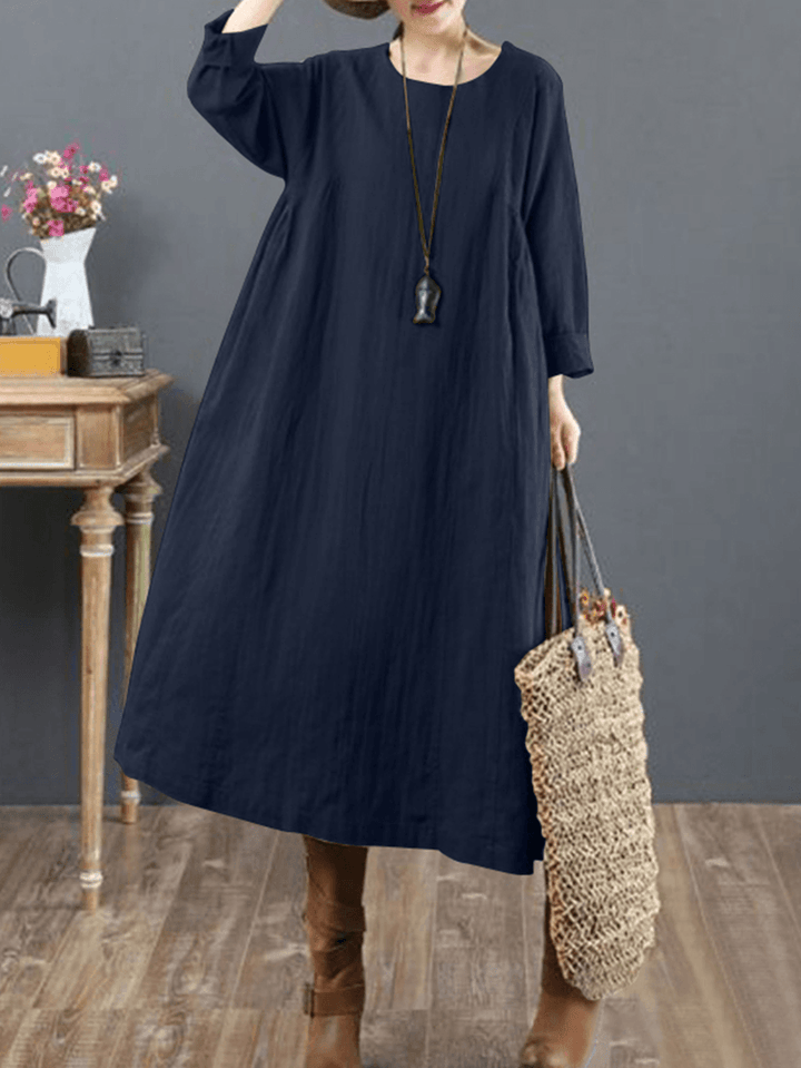 Women Cotton Solid Tie Back round Neck Long Sleeve Casual Midi Dresses - MRSLM