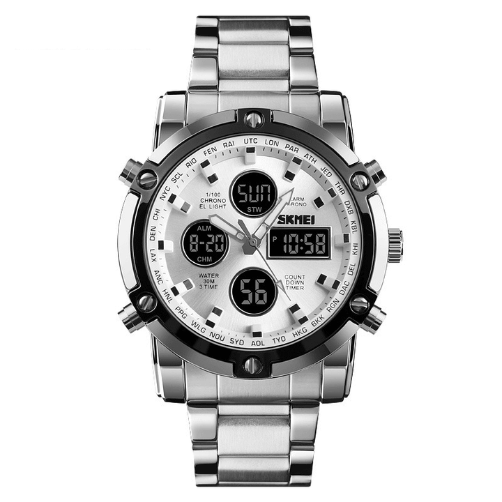 SKMEI 1389 Business Style Multifunction Big Dial Quartz Watch Waterproof Steel Band Men Wrist Watch - MRSLM