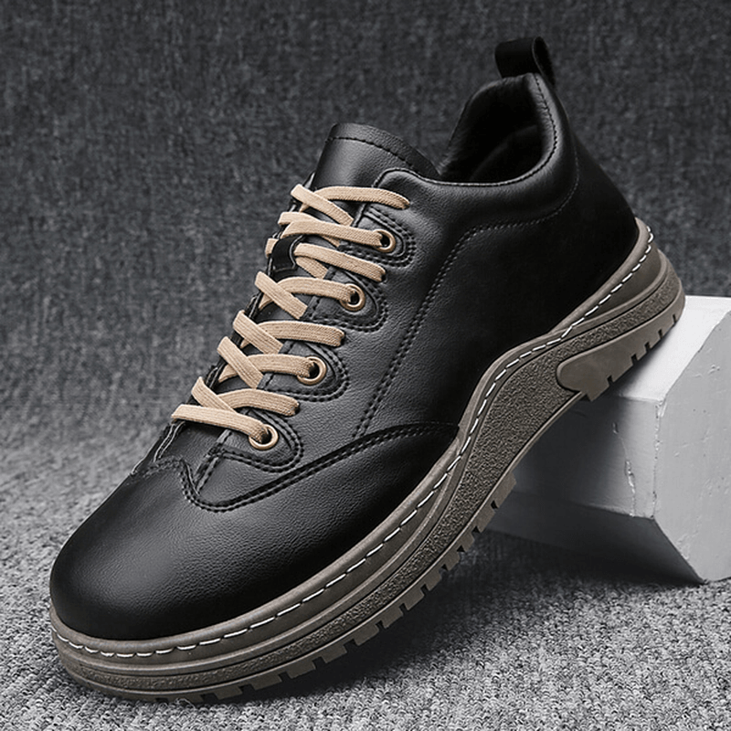 Men Genuine Leather Breathable Soft Thick Bottom Non Slip Lace up Solid Leisure Shoes - MRSLM